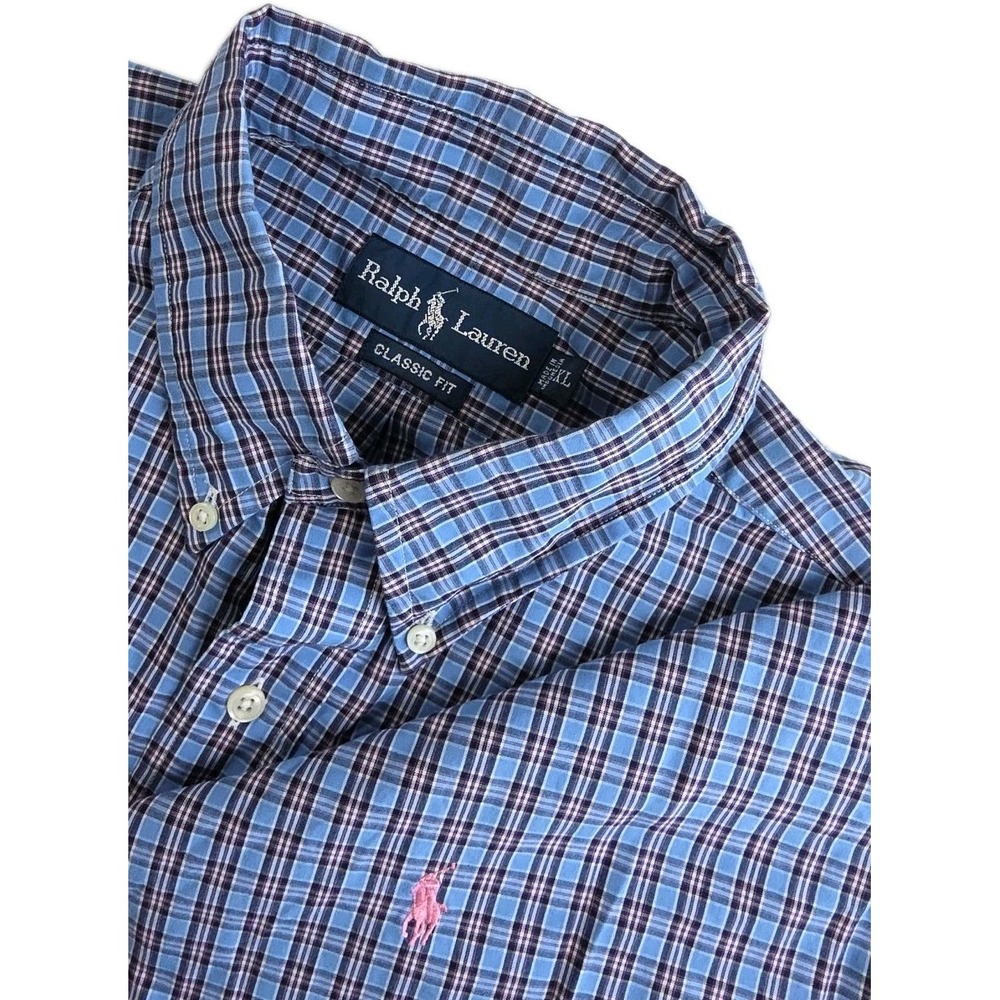 Polo Ralph Lauren Short Sleeve Button Down Shirt Mens XL Blue Plaid CLASSIC Fit